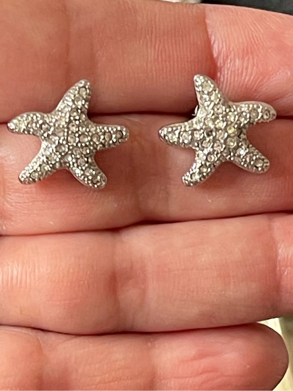 Silver-tone rhinestone stud starfish post earrings - approx. 1/2”